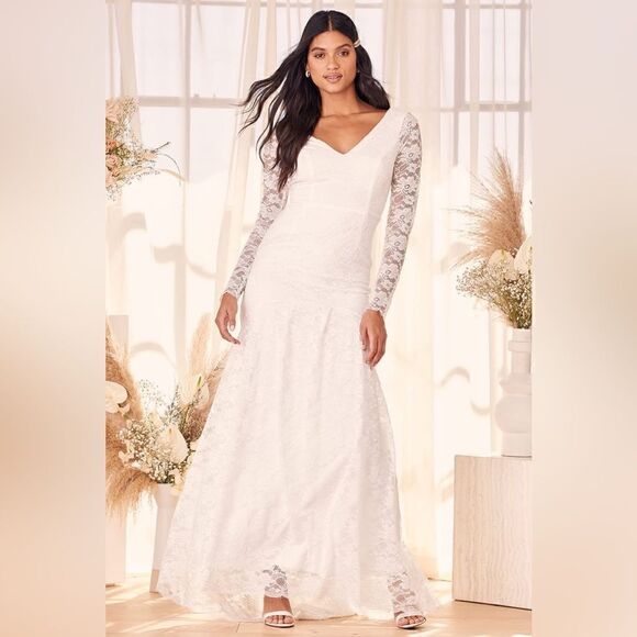NEW Lulu’s Make it Last Forever White Lace Long Sleeve Mermaid Maxi Dres… - Picture 1 of 6